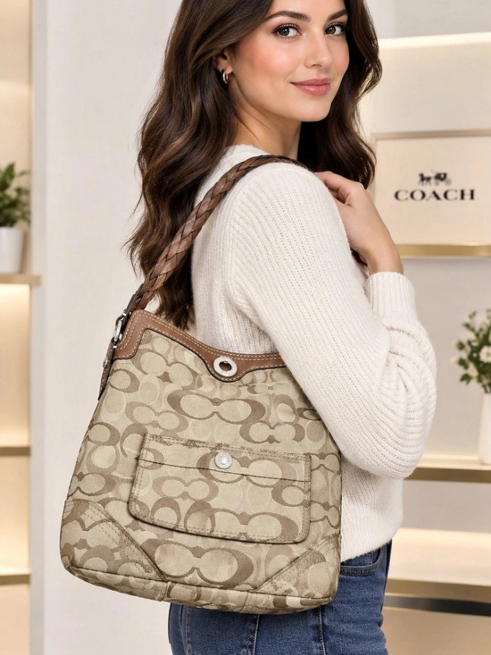 Coach Chelsea Signature Hobo Shoulder Bag Brown & Tan